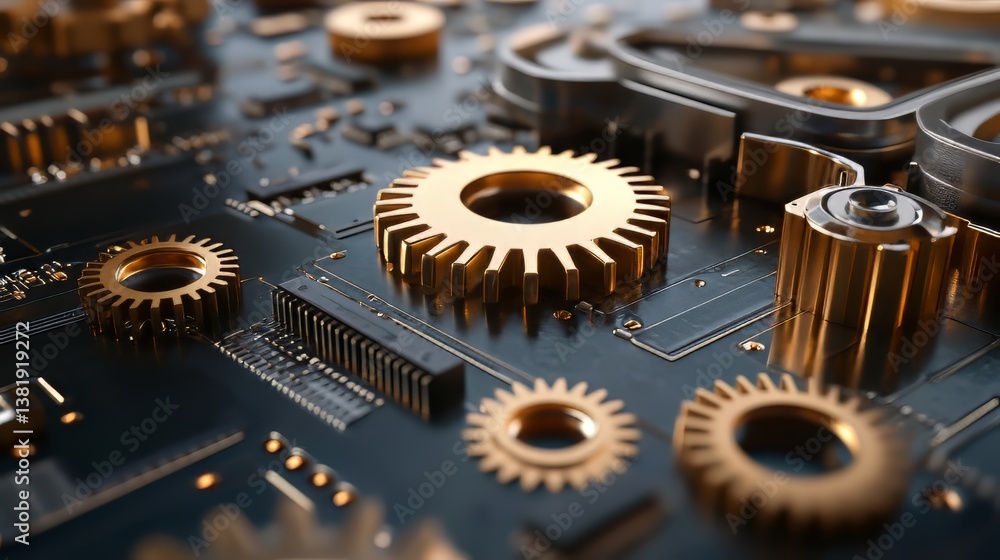 Poster golden gears and metallic components interconnected on a circuit board, showcasing engineering preci