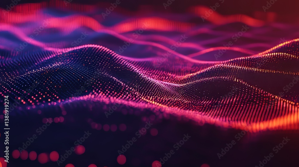 Poster abstract data landscape with pink and red glowing particles forming waves. technology background.