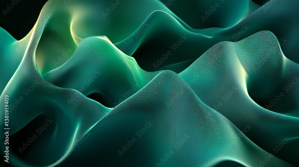 Poster abstract flowing green shapes. digital art with smooth curves and gradients, creating a modern aesth