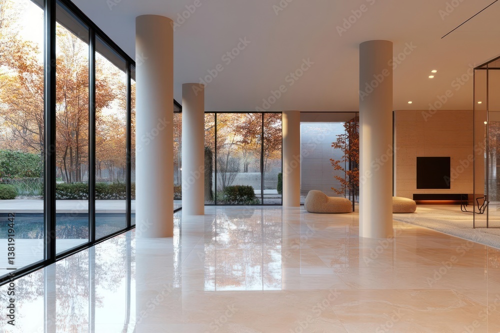 Aufkleber Bright interior with large windows overlooking a pool and trees columns and modern furniture bathed in natural light