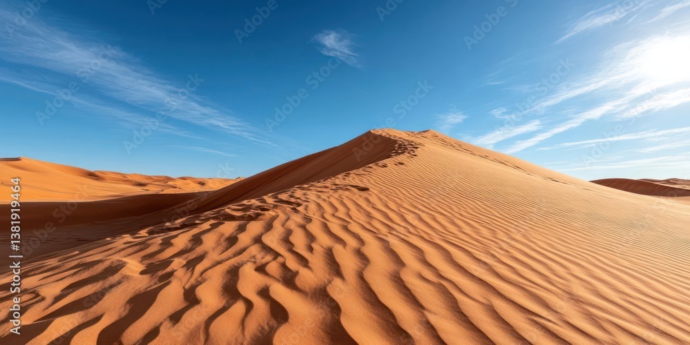 Poster sandy desert landscape under a bright blue sky with wispy clouds. the foreground features large sand