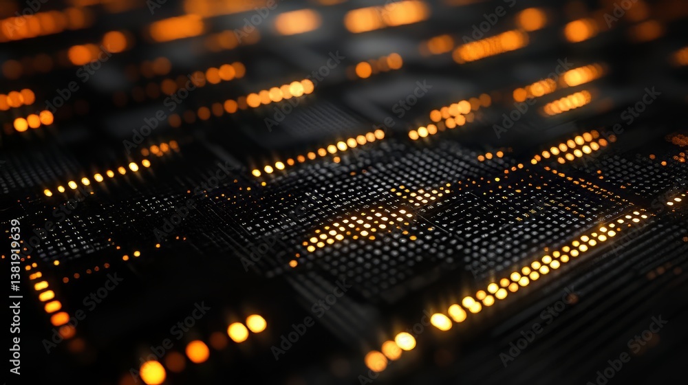 Poster illuminated circuit board surface with glowing pathways. digital network, high tech concept.