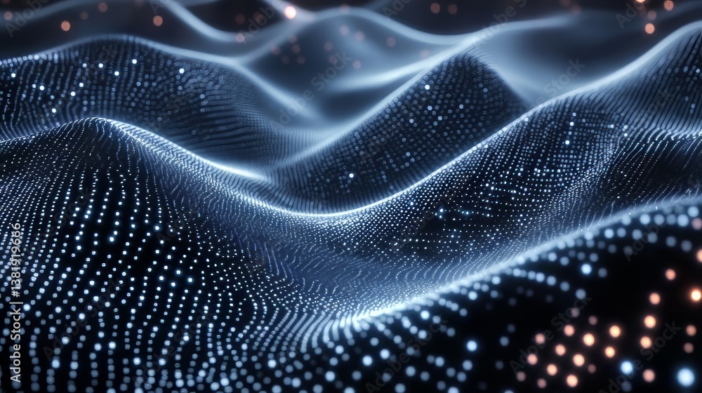 Poster abstract wave pattern of glowing dots, creating a smooth, flowing surface with a digital futuristic 