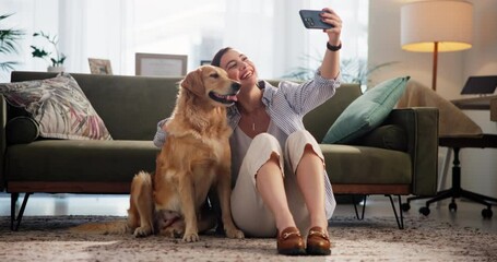 Woman, dog and selfie on floor, home and happy with hug, loyalty and care with post on social media. Girl, animal and pet labrador with profile picture, photography and excited for memory in lounge