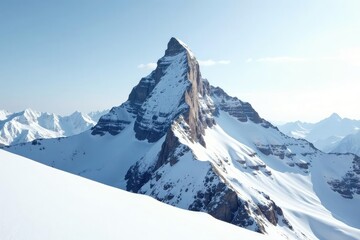 Snow-covered mountain peak against pristine white sky, scenic, nature, alpine