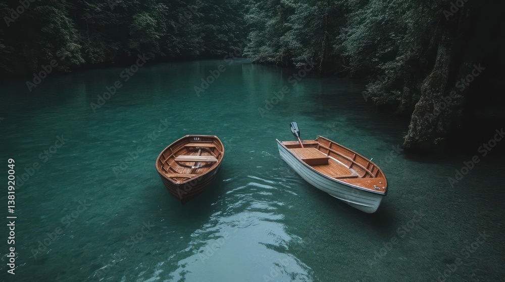 Aufkleber two wooden rowboats floating on calm turquoise water surrounded by lush green trees and plants in ra