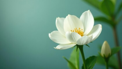 Single white flower with delicate petals unfolding, bloom color, nature, closeup