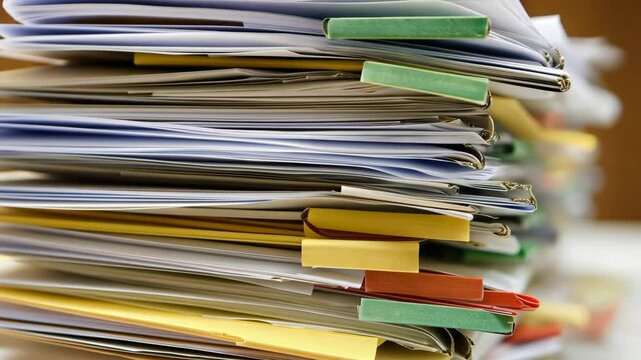 Stacked papers organized with colorful tabs on a desk in a bright office environment during the morning