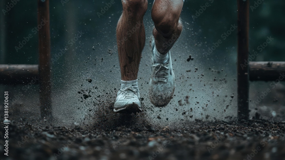 Poster close up of legs and feet running with dirt and mud splashing from the trail wearing white sneakers.