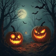 "Halloween spooky border with eerie fog, carved pumpkin lanterns, flying bats, and a dark haunted forest scene in the background."