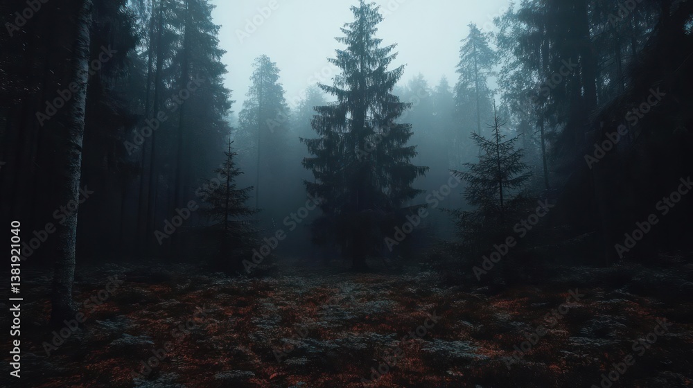 Poster generic forest scene with foggy atmosphere and tall trees