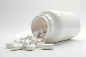 painkillers and drug abuse concept with close up on a bottle of prescription drugs and pill capsules,A collection of white capsules and tablets scattered on a light background. Concept White Capsules,