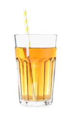 Tasty fresh apple juice in glass isolated on white
