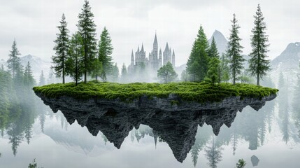 Enchanted Floating Island with Castle Surrounded by Lush Forest