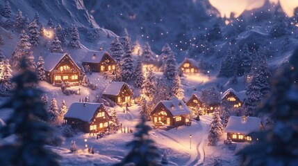 Obraz premium Snowy Village Scene with Illuminated Cabins and Winter Landscape
