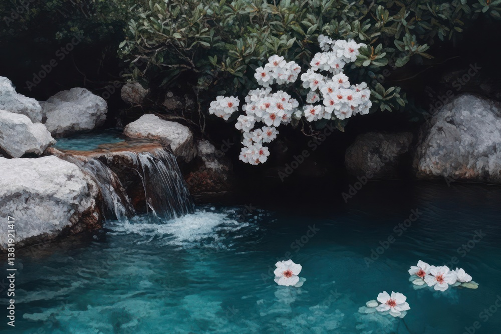 Poster serene outdoor water feature with cascading waterfall turquoise pool and floating white flowers amid