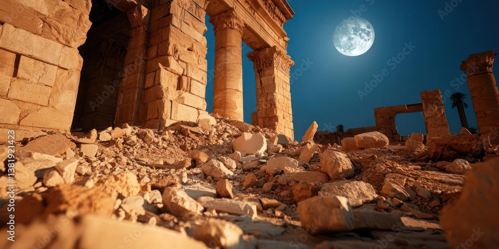 Fototapete ruined ancient architecture under a full moon illuminating the night sky with broken columns and sca