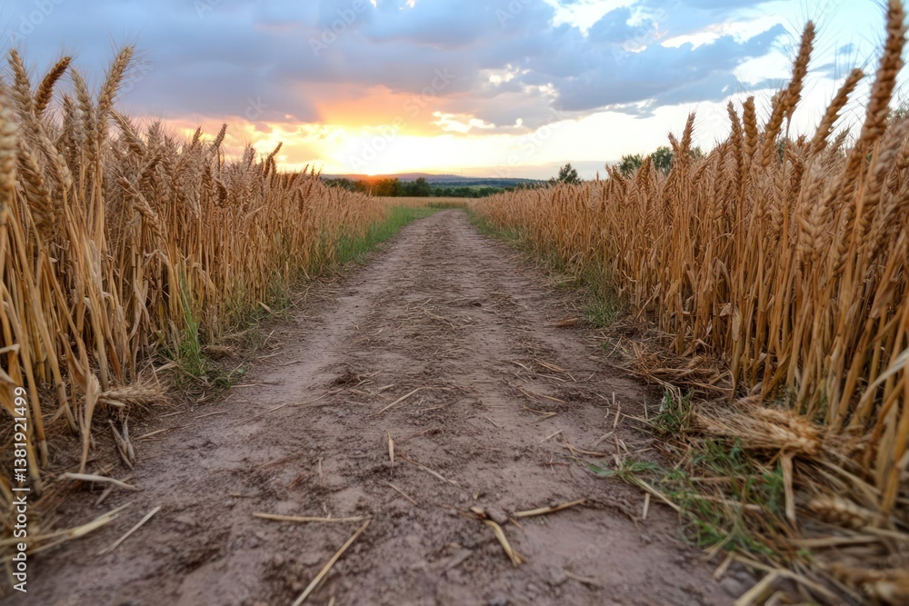 Aufkleber dirt path through golden wheat fields towards a sunset sky with wispy clouds and vibrant colors rura