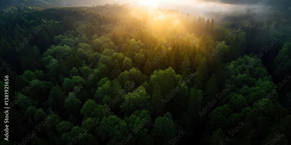 Poster aerial view of lush green forest illuminated by golden sunlight creating a tranquil atmospheric scen
