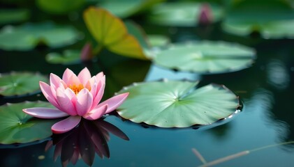 Water lilies form a delicate floral pattern across tranquil lake, closeup, image, design