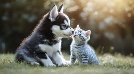 Obraz premium Adorable husky puppy and kitten playing in sunlit garden