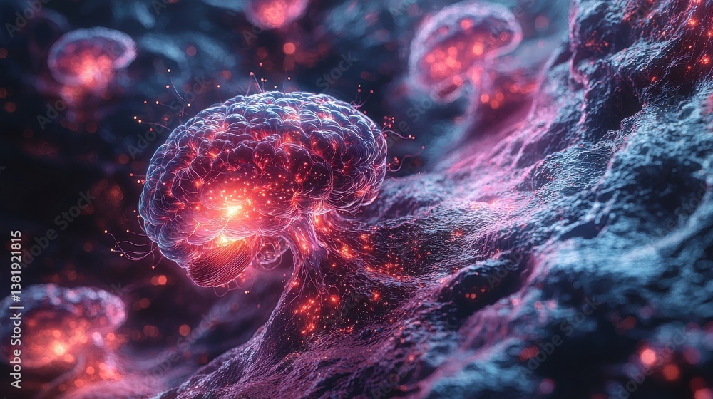 Poster detailed microscopic view of a complex cerebral structure with radiating neural pathways synaptic co