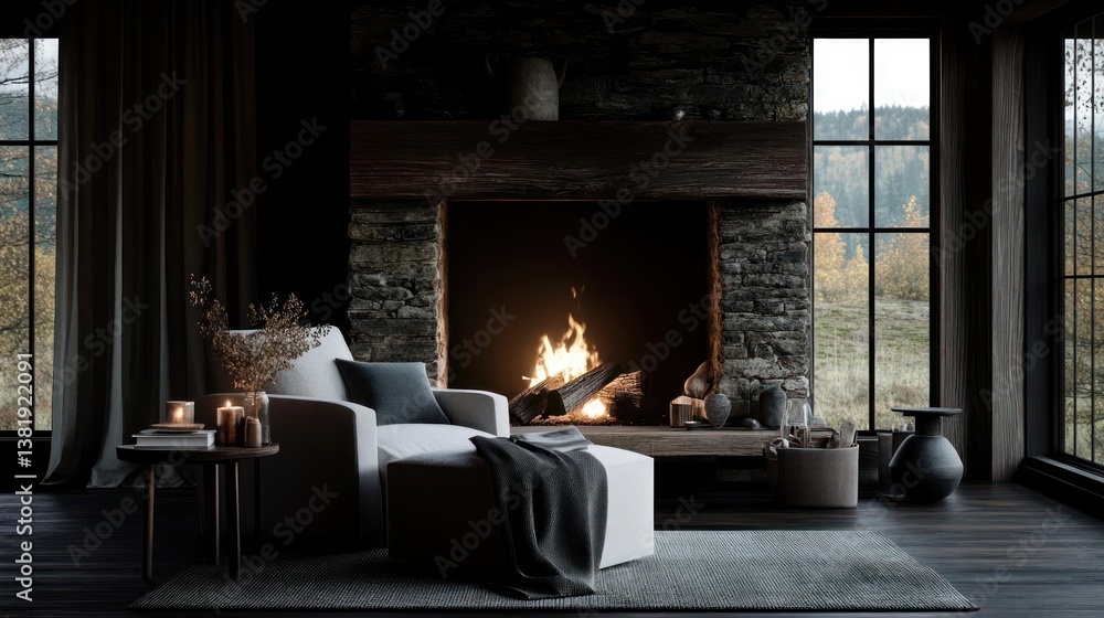 Poster cozy interior with fireplace armchair rug and large windows overlooking a forest view. warm lighting
