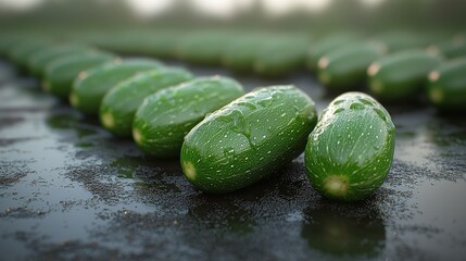 Green zucchini lined on damp surface. Droplets accentuate texture and form