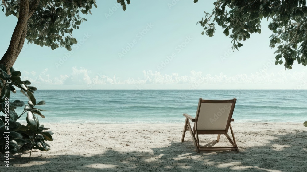 Poster relaxing beach scene with a wooden chair under a tree's shade facing the ocean on a sunny day