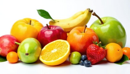 Naklejka na ściany i meble Assortment of organic fruits on white backdrop, apples, colorful