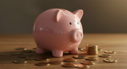 Pink Piggy Bank with Gold Coins on Wooden Table for Savings