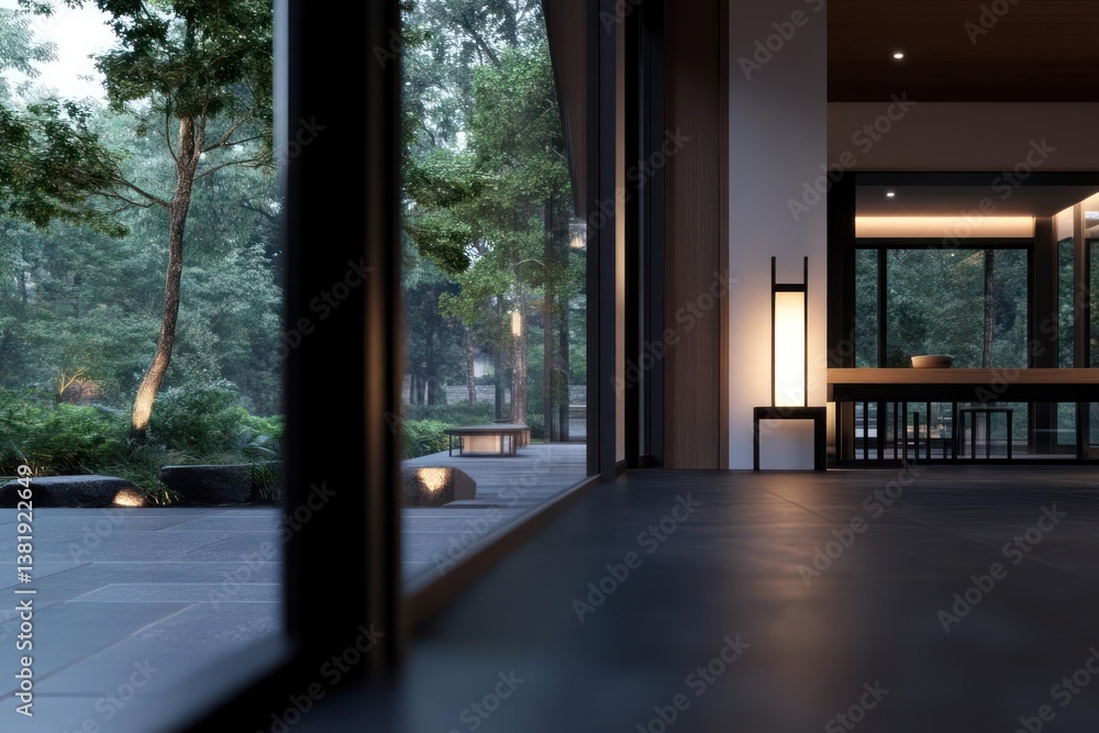 Aufkleber interior view with large window looking into a lush green garden with trees and a stone pathway and 