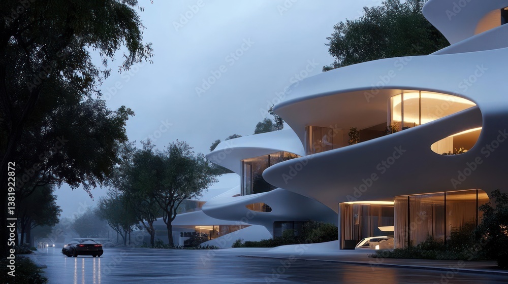 Aufkleber modern architectural design residential building with smooth white facade wavy structure in a cloudy