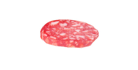 Piece of delicious dry cured sausage isolated on white
