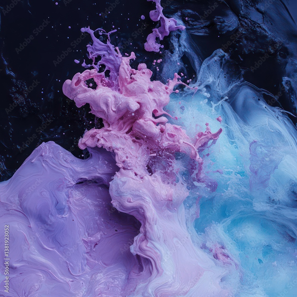 Poster abstract liquid paint splash in shades of purple pink and blue against dark background creating dyna