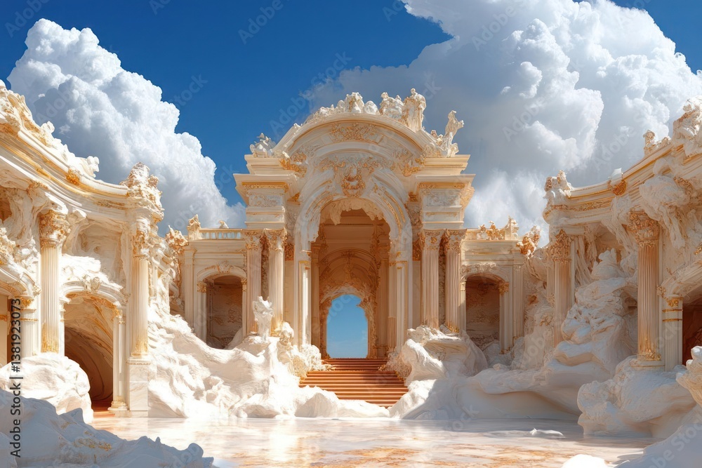 Poster ornate architectural structure with bright white facades arches and columns with a blue sky in the b