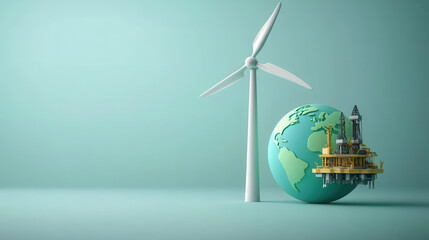 Balance and Regeneration Concept, surreal wind turbine and oil rig on globe, symbolizing energy contrast