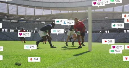 Tackling on field, rugby players with animation of social media icons overlaying - Powered by Adobe