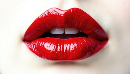 Fototapeta premium Close-up of luscious red lips on pure white backdrop, isolated, cosmetics, gloss