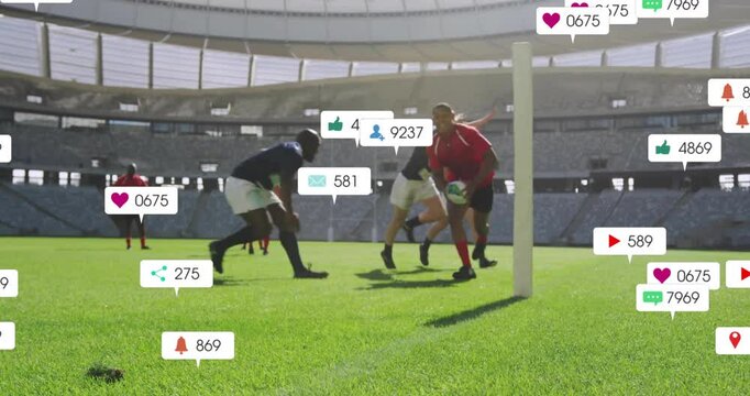 Tackling on field, rugby players with animation of social media icons overlaying - Powered by Adobe