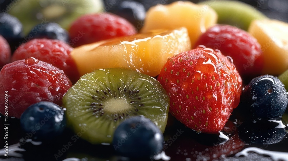 Aufkleber close up of assorted fresh fruits with vibrant colors showcasing kiwi raspberry strawberry and blueb