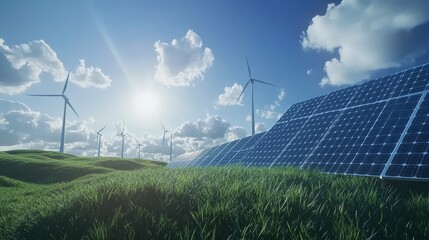 Sustainable energy landscape with solar panels and wind turbines under sunny sky