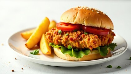 Crispy chicken sandwich, wedges, dipping sauce, white backdrop , tangy, carb, bread