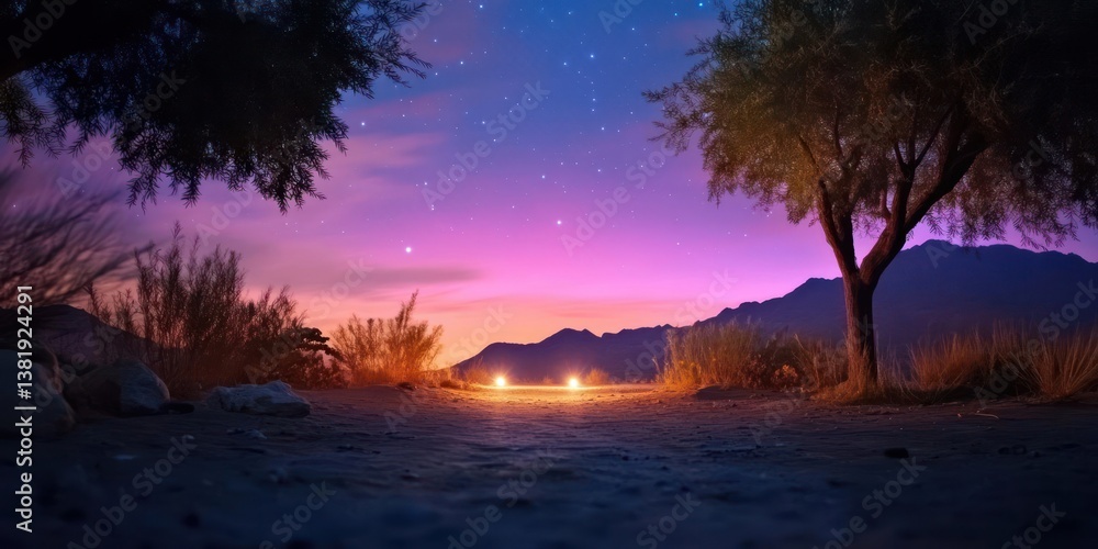 Poster Scenic twilight landscape with silhouetted trees and a vibrant sky. The image shows a starry night, with a pathway illuminated by artificial light amidst natural elements of the natural world