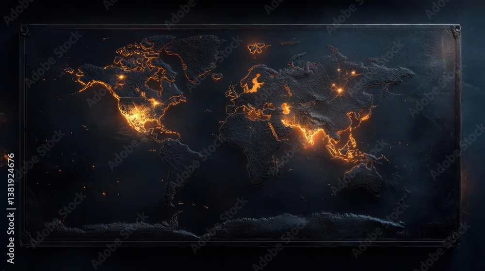 Poster Illuminated world map with glowing city lights on dark surface symbolizing global connectivity and information with metallic frame