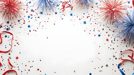 Patriotic paper fireworks, confetti, ribbons on white background. Ideal for 4th of July or American themed designs.