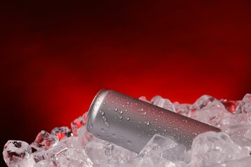 Refreshing drink in can on ice cubes against dark red background, closeup