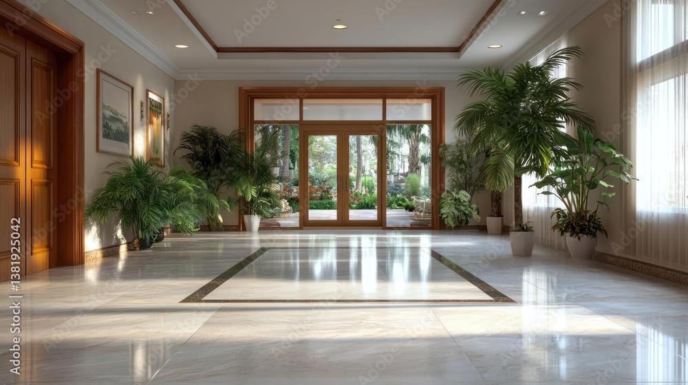 Aufkleber brightly lit marble lobby with large windows showcasing indoor plants and natural sunlight creating 