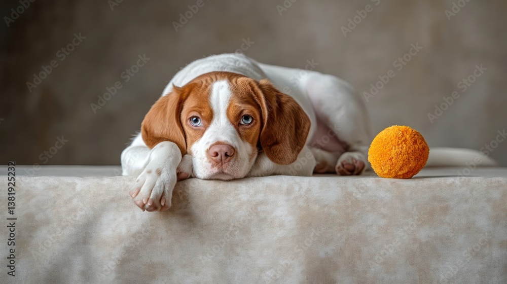 Aufkleber a young dog resting its head on a surface beside an orange ball in front of a blurred background. th