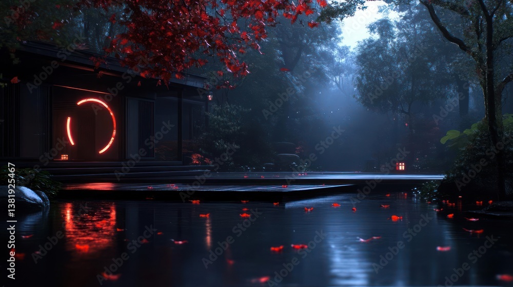 Poster atmospheric scene of a garden featuring a serene pond a traditional house with a glowing circular li